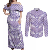 Lilac Mermaid Puakenikeni Maile Lei Couples Matching Off Shoulder Maxi Dress and Long Sleeve Button Shirt LT01 Purple - Polynesian Pride