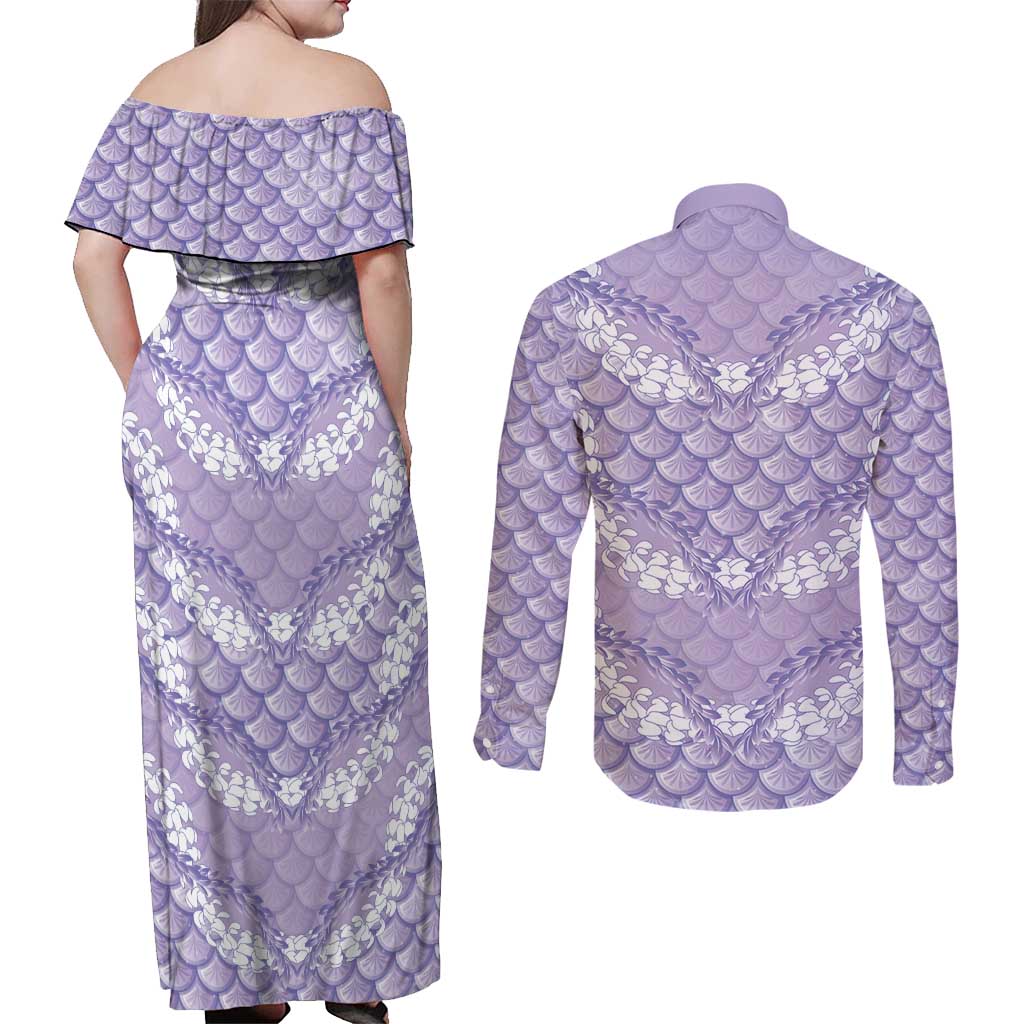 Lilac Mermaid Puakenikeni Maile Lei Couples Matching Off Shoulder Maxi Dress and Long Sleeve Button Shirt LT01 - Polynesian Pride