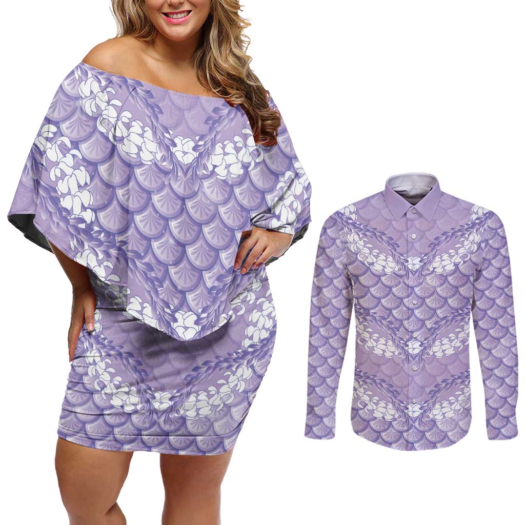 Lilac Mermaid Puakenikeni Maile Lei Couples Matching Off Shoulder Short Dress and Long Sleeve Button Shirt LT01 Purple - Polynesian Pride