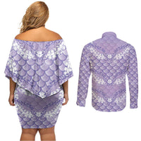 Lilac Mermaid Puakenikeni Maile Lei Couples Matching Off Shoulder Short Dress and Long Sleeve Button Shirt LT01 - Polynesian Pride