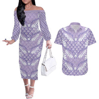Lilac Mermaid Puakenikeni Maile Lei Couples Matching Off The Shoulder Long Sleeve Dress and Hawaiian Shirt LT01 Purple - Polynesian Pride