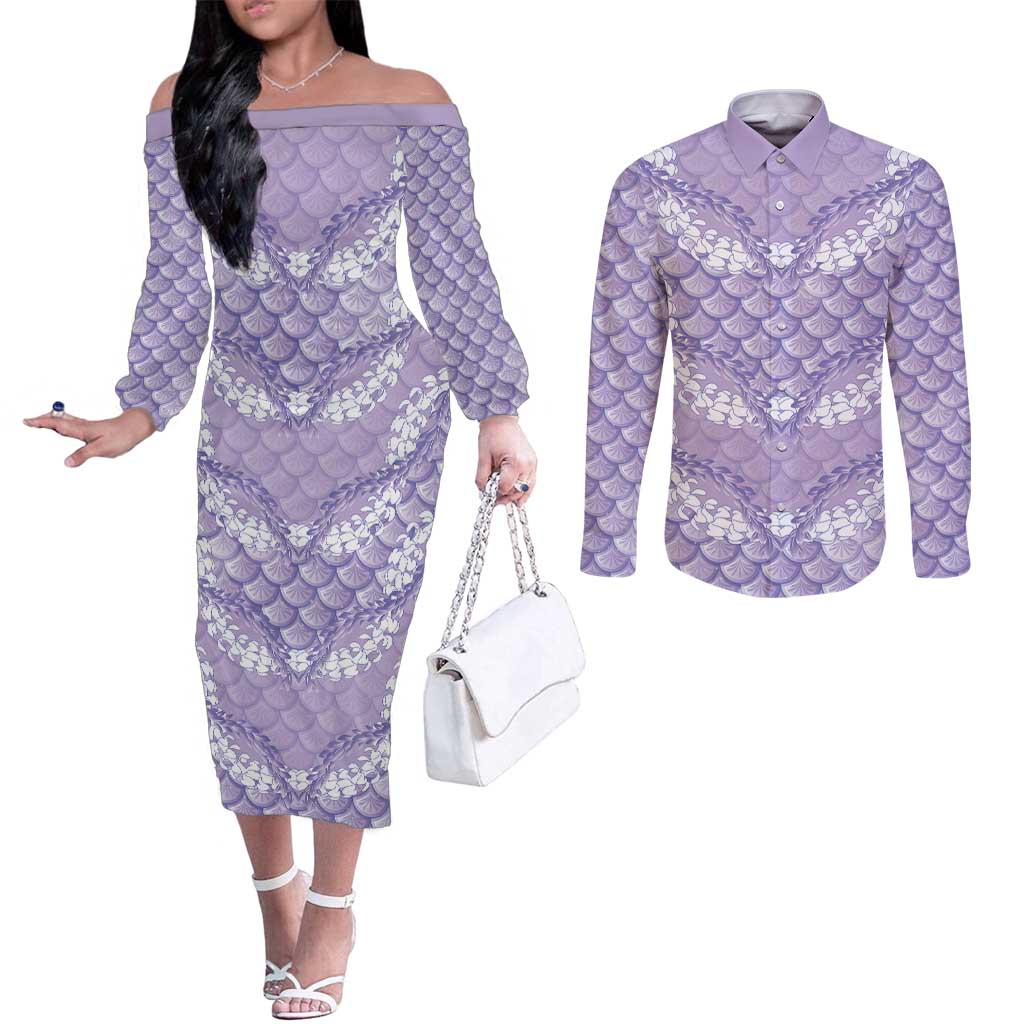 Lilac Mermaid Puakenikeni Maile Lei Couples Matching Off The Shoulder Long Sleeve Dress and Long Sleeve Button Shirt LT01 Purple - Polynesian Pride