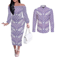 Lilac Mermaid Puakenikeni Maile Lei Couples Matching Off The Shoulder Long Sleeve Dress and Long Sleeve Button Shirt LT01 Purple - Polynesian Pride
