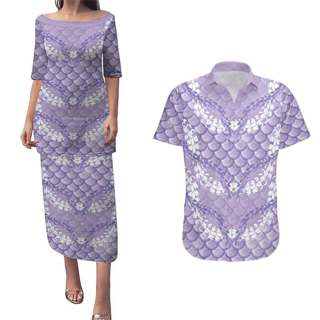 Lilac Mermaid Puakenikeni Maile Lei Couples Matching Puletasi and Hawaiian Shirt LT01 Purple - Polynesian Pride