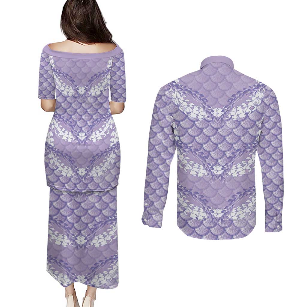 Lilac Mermaid Puakenikeni Maile Lei Couples Matching Puletasi and Long Sleeve Button Shirt