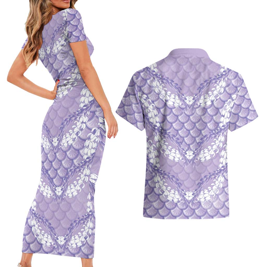 Lilac Mermaid Puakenikeni Maile Lei Couples Matching Short Sleeve Bodycon Dress and Hawaiian Shirt LT01 - Polynesian Pride