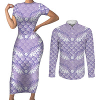 Lilac Mermaid Puakenikeni Maile Lei Couples Matching Short Sleeve Bodycon Dress and Long Sleeve Button Shirt LT01 Purple - Polynesian Pride