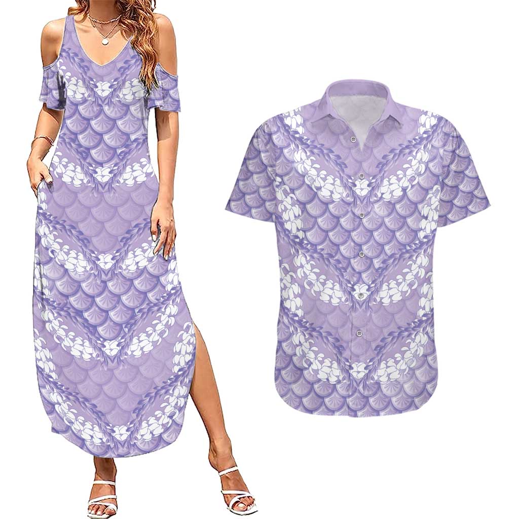 Lilac Mermaid Puakenikeni Maile Lei Couples Matching Summer Maxi Dress and Hawaiian Shirt LT01 Purple - Polynesian Pride