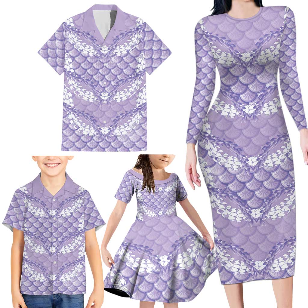 Lilac Mermaid Puakenikeni Maile Lei Family Matching Long Sleeve Bodycon Dress and Hawaiian Shirt