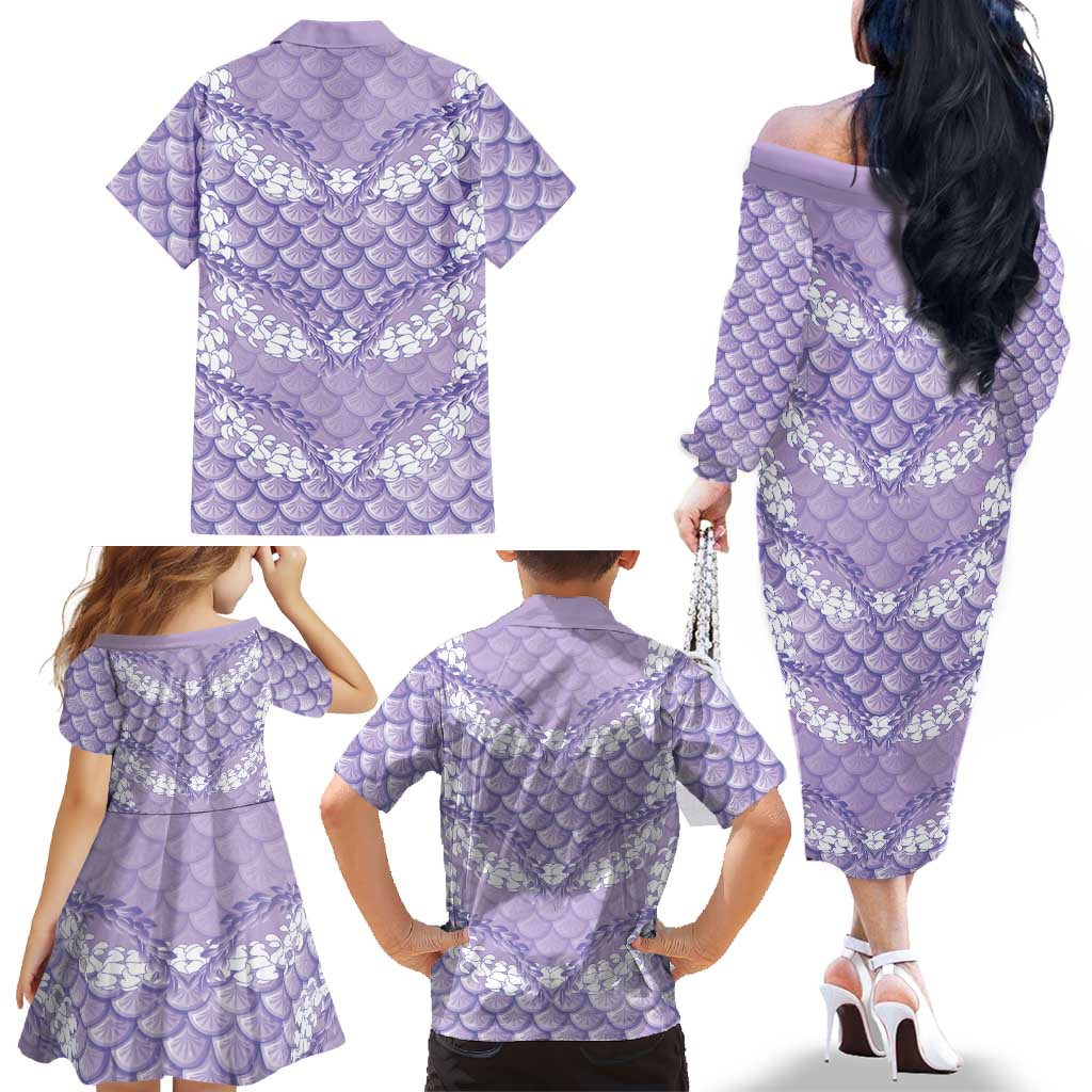Lilac Mermaid Puakenikeni Maile Lei Family Matching Off The Shoulder Long Sleeve Dress and Hawaiian Shirt LT01 - Polynesian Pride