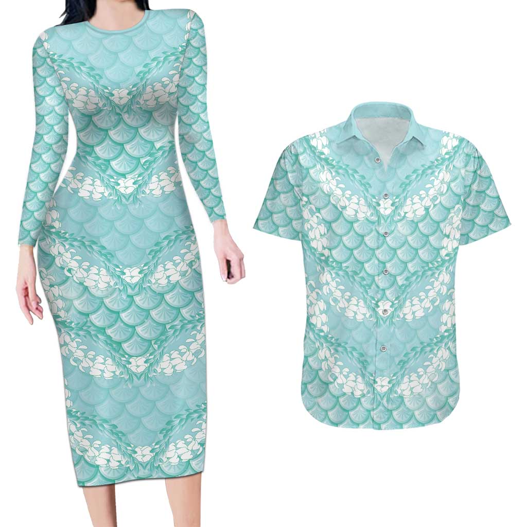 Light Turquoise Mermaid Puakenikeni Maile Lei Couples Matching Long Sleeve Bodycon Dress and Hawaiian Shirt LT01 Turquoise - Polynesian Pride