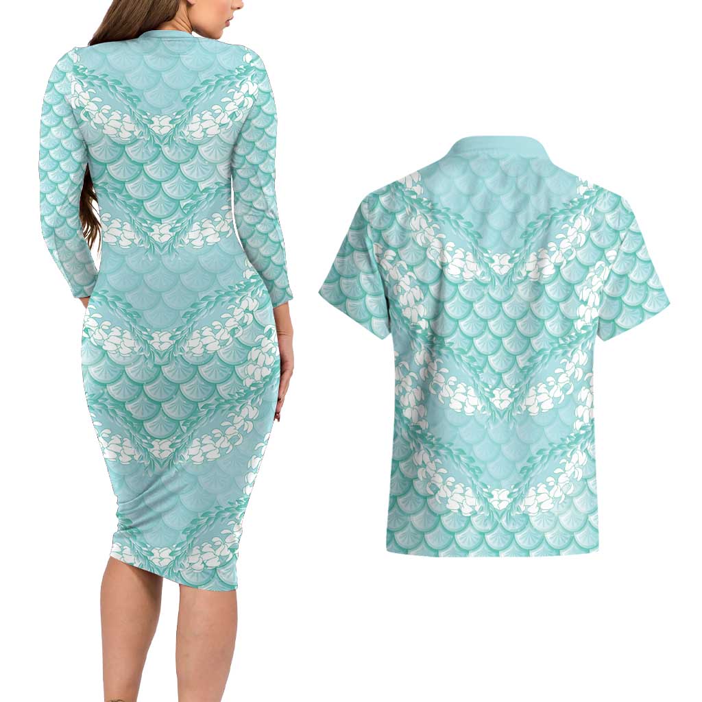 Light Turquoise Mermaid Puakenikeni Maile Lei Couples Matching Long Sleeve Bodycon Dress and Hawaiian Shirt LT01 - Polynesian Pride
