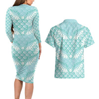 Light Turquoise Mermaid Puakenikeni Maile Lei Couples Matching Long Sleeve Bodycon Dress and Hawaiian Shirt LT01 - Polynesian Pride