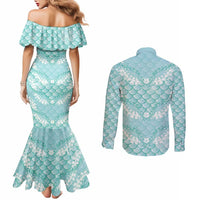 Light Turquoise Mermaid Puakenikeni Maile Lei Couples Matching Mermaid Dress and Long Sleeve Button Shirt LT01 - Polynesian Pride