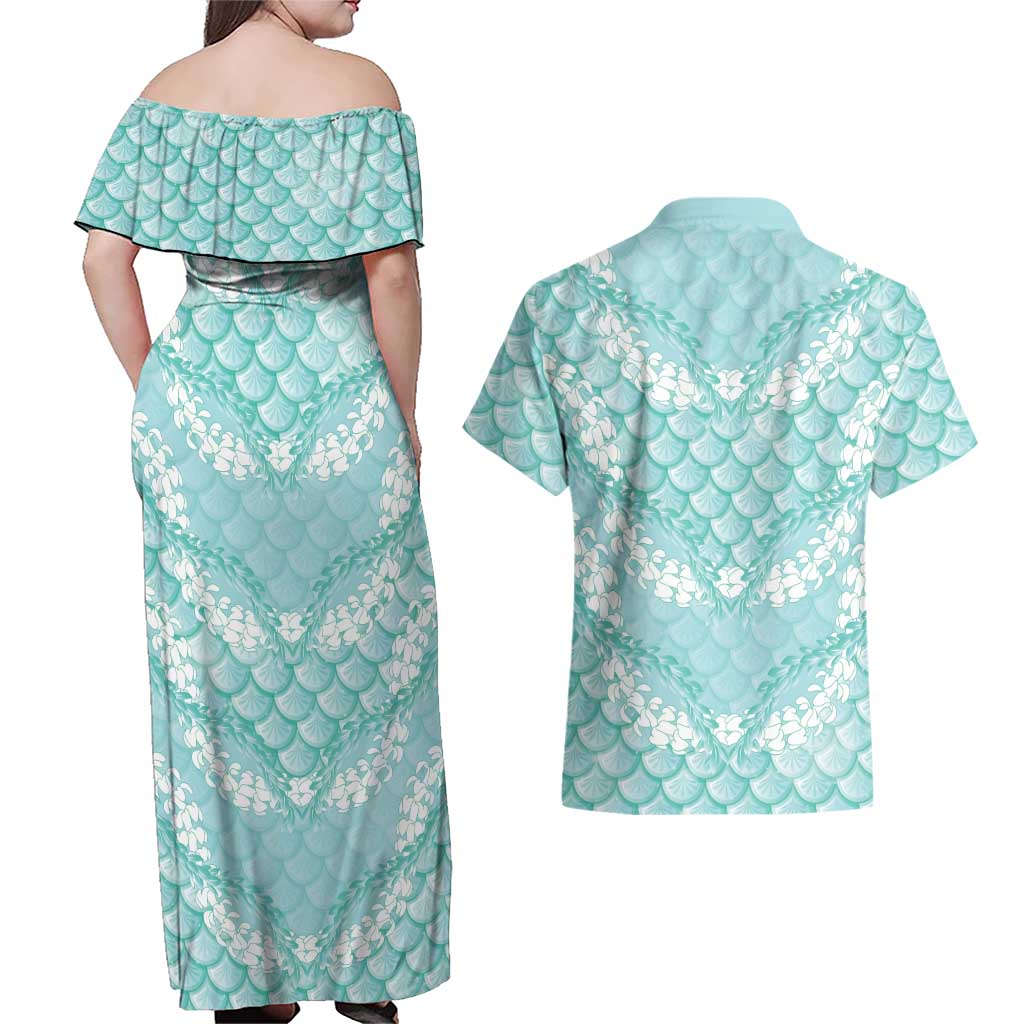 Light Turquoise Mermaid Puakenikeni Maile Lei Couples Matching Off Shoulder Maxi Dress and Hawaiian Shirt LT01 - Polynesian Pride