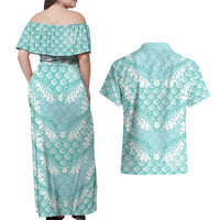 Light Turquoise Mermaid Puakenikeni Maile Lei Couples Matching Off Shoulder Maxi Dress and Hawaiian Shirt LT01 - Polynesian Pride