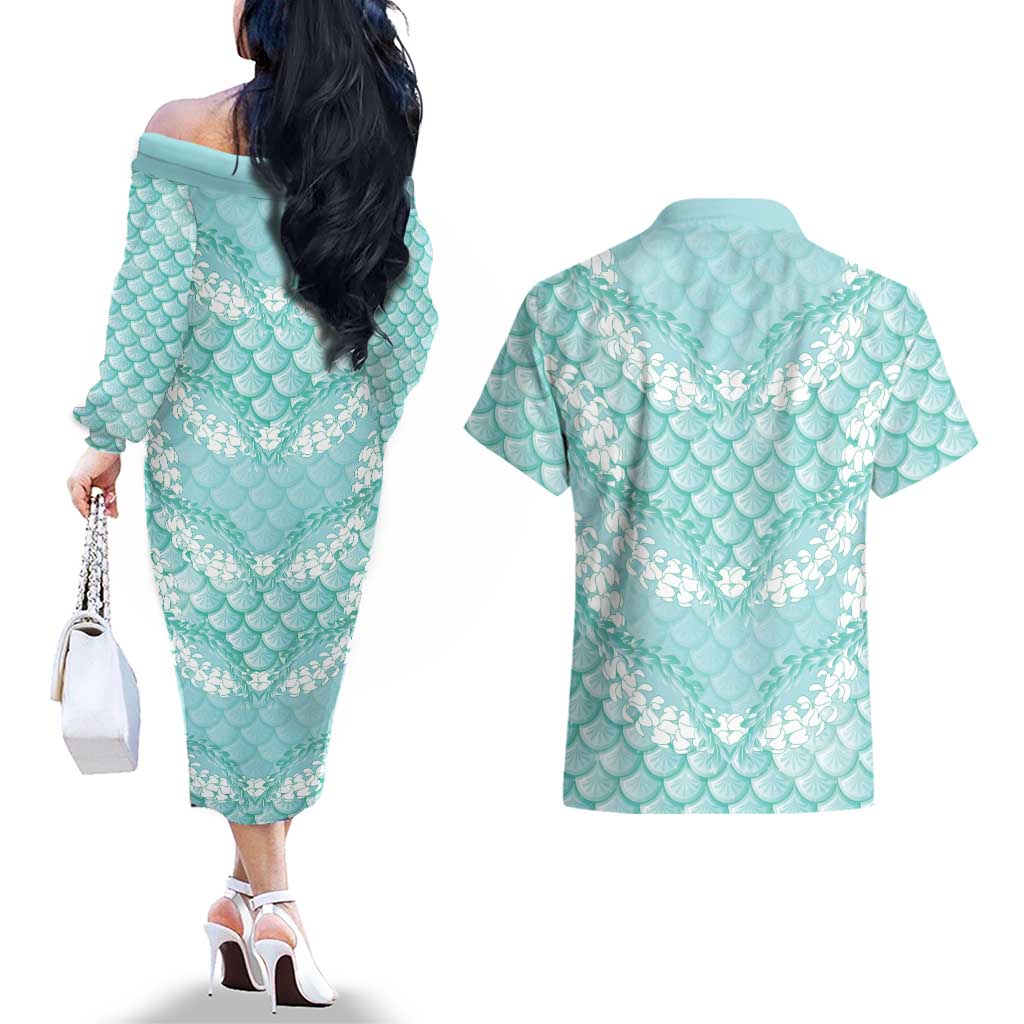 Light Turquoise Mermaid Puakenikeni Maile Lei Couples Matching Off The Shoulder Long Sleeve Dress and Hawaiian Shirt LT01 - Polynesian Pride