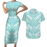 Light Turquoise Mermaid Puakenikeni Maile Lei Couples Matching Short Sleeve Bodycon Dress and Hawaiian Shirt LT01 Turquoise - Polynesian Pride