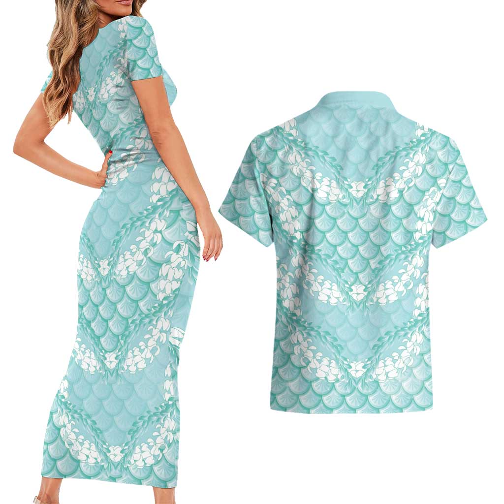 Light Turquoise Mermaid Puakenikeni Maile Lei Couples Matching Short Sleeve Bodycon Dress and Hawaiian Shirt LT01 - Polynesian Pride