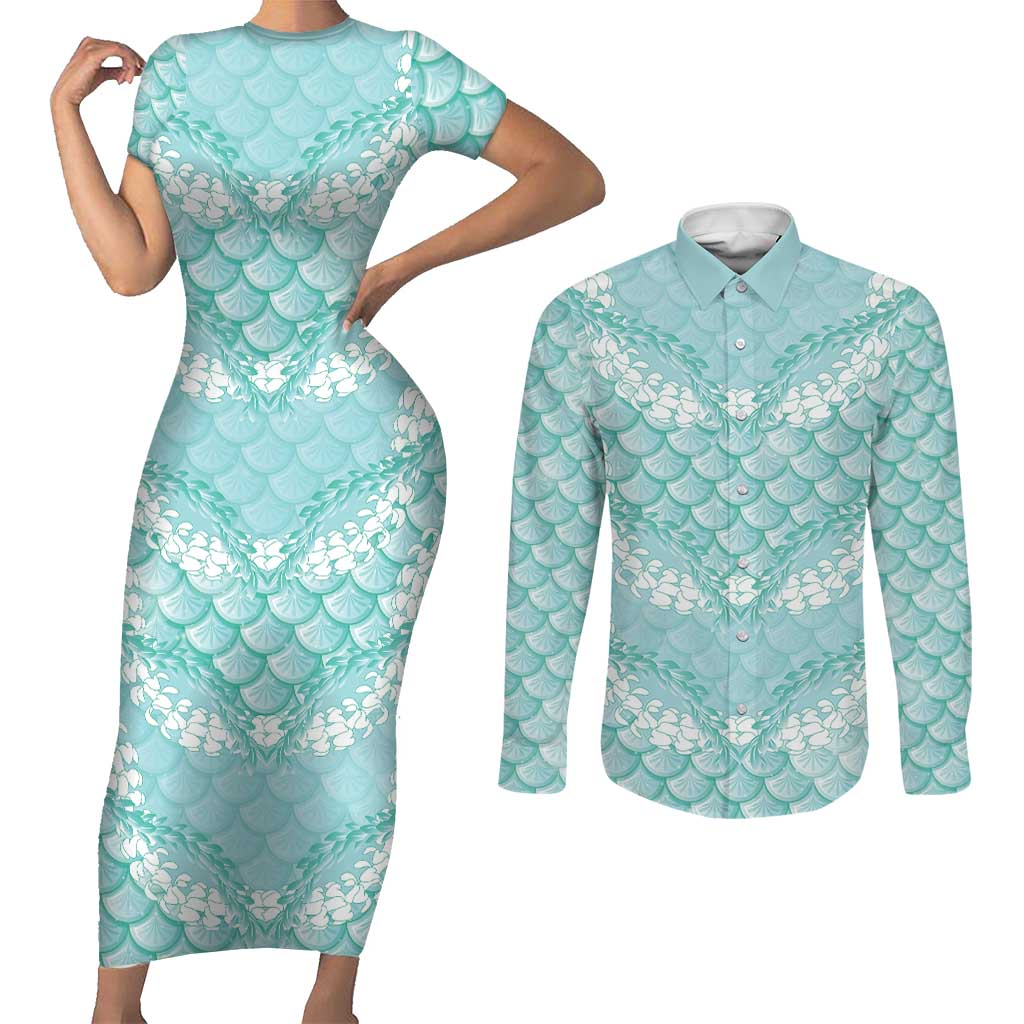 Light Turquoise Mermaid Puakenikeni Maile Lei Couples Matching Short Sleeve Bodycon Dress and Long Sleeve Button Shirt LT01 Turquoise - Polynesian Pride