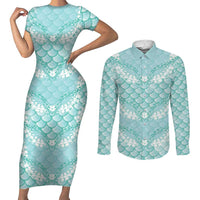 Light Turquoise Mermaid Puakenikeni Maile Lei Couples Matching Short Sleeve Bodycon Dress and Long Sleeve Button Shirt LT01 Turquoise - Polynesian Pride