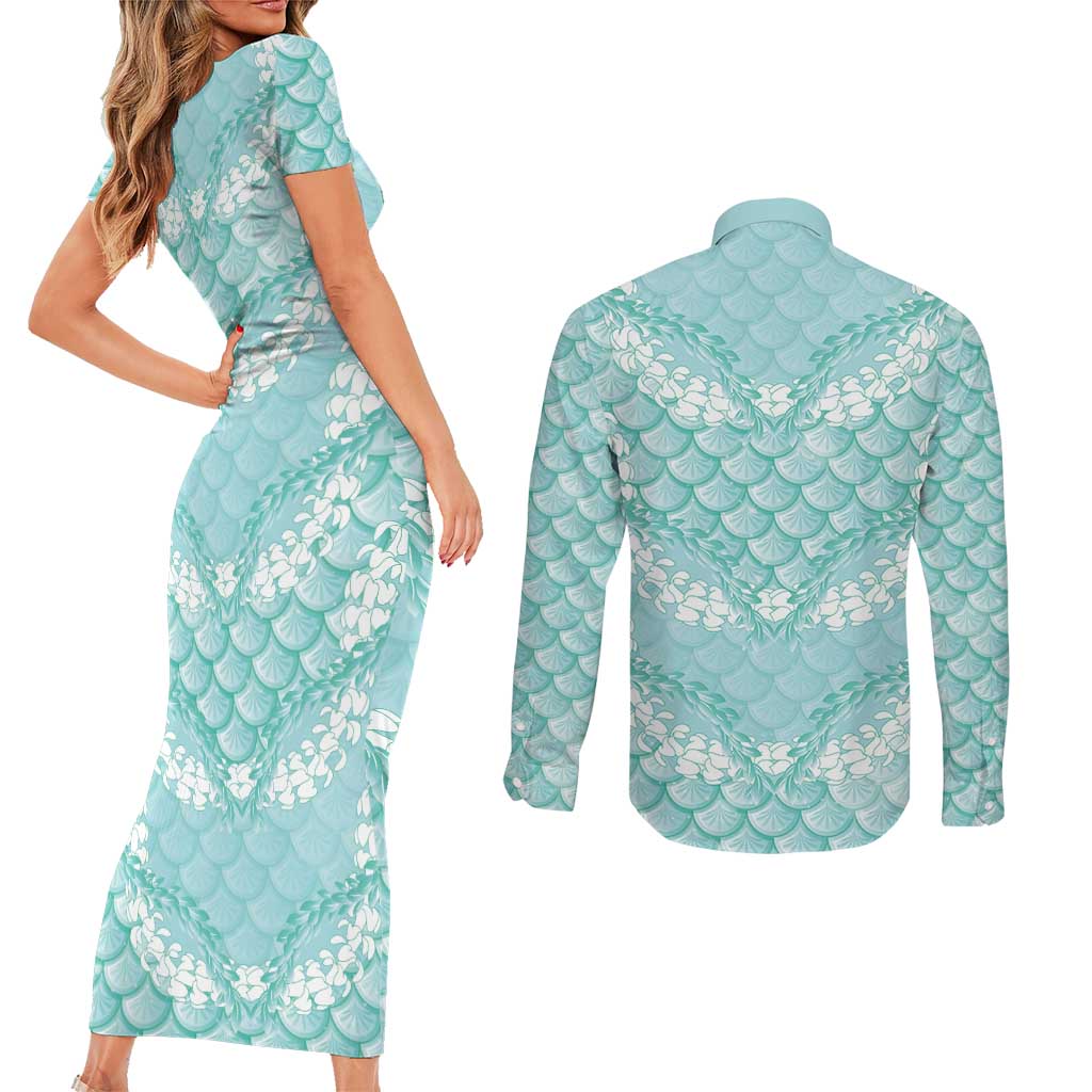 Light Turquoise Mermaid Puakenikeni Maile Lei Couples Matching Short Sleeve Bodycon Dress and Long Sleeve Button Shirt LT01 - Polynesian Pride