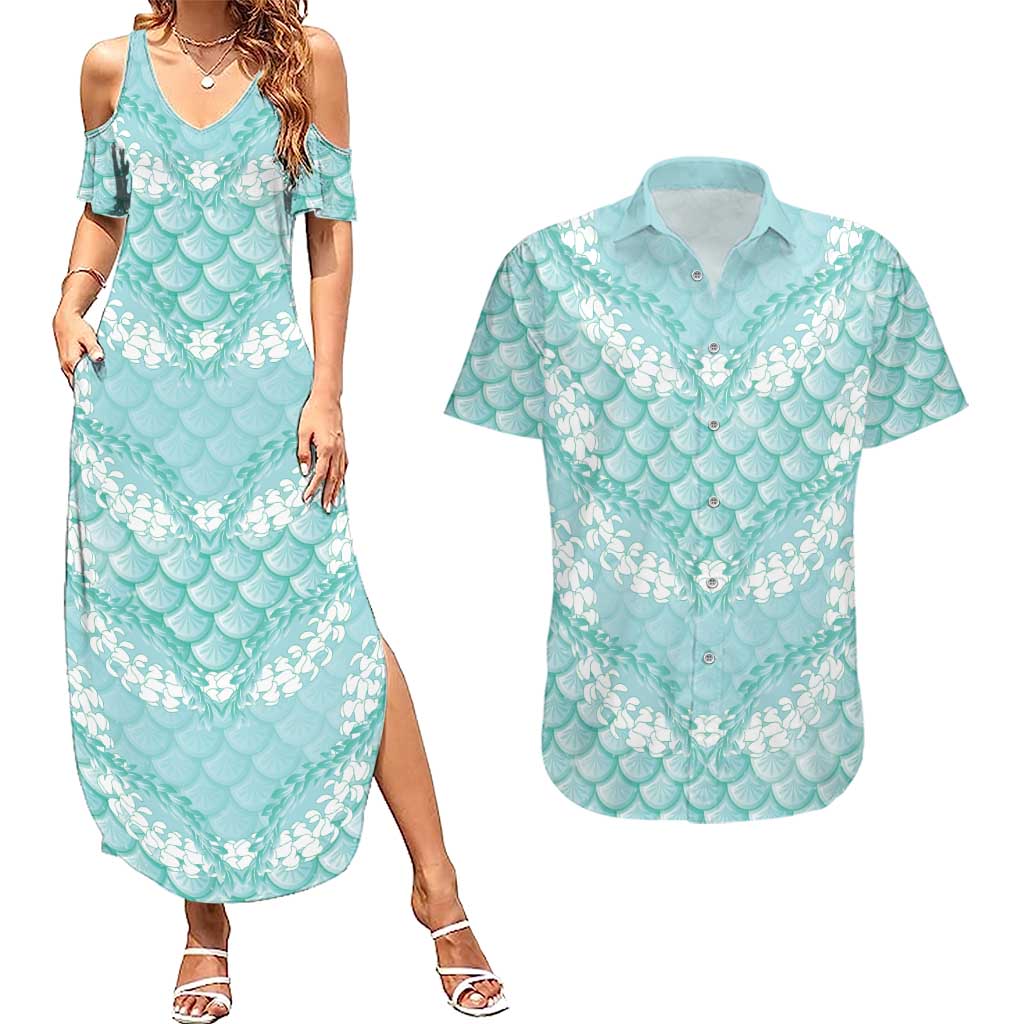 Light Turquoise Mermaid Puakenikeni Maile Lei Couples Matching Summer Maxi Dress and Hawaiian Shirt LT01 Turquoise - Polynesian Pride