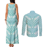 Light Turquoise Mermaid Puakenikeni Maile Lei Couples Matching Tank Maxi Dress and Long Sleeve Button Shirt LT01 - Polynesian Pride