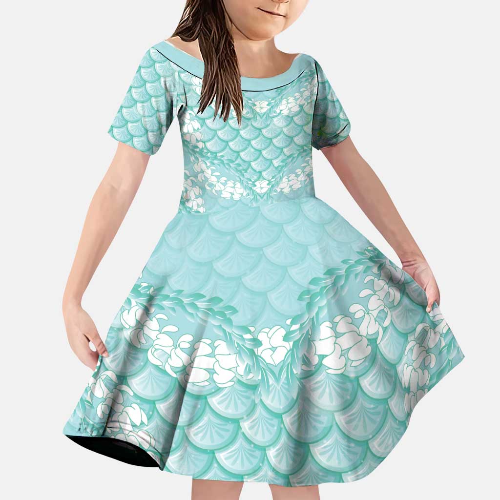 Light Turquoise Mermaid Puakenikeni Maile Lei Family Matching Long Sleeve Bodycon Dress and Hawaiian Shirt LT01 Daughter's Dress Turquoise - Polynesian Pride