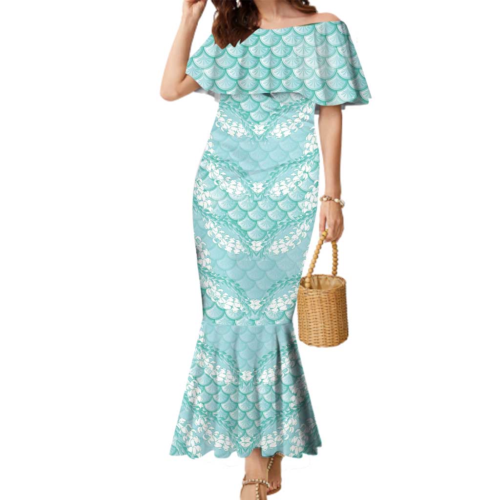 Light Turquoise Mermaid Puakenikeni Maile Lei Family Matching Mermaid Dress and Hawaiian Shirt LT01 Mom's Dress Turquoise - Polynesian Pride