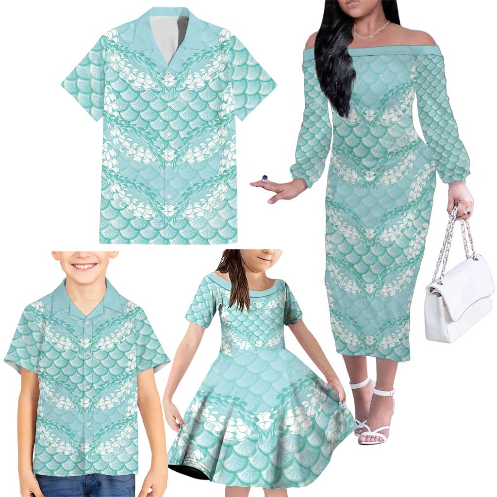 Light Turquoise Mermaid Puakenikeni Maile Lei Family Matching Off The Shoulder Long Sleeve Dress and Hawaiian Shirt LT01 - Polynesian Pride