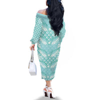 Light Turquoise Mermaid Puakenikeni Maile Lei Family Matching Off The Shoulder Long Sleeve Dress and Hawaiian Shirt LT01 - Polynesian Pride