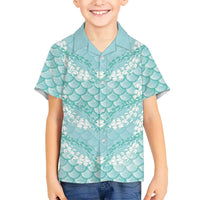 Light Turquoise Mermaid Puakenikeni Maile Lei Family Matching Off The Shoulder Long Sleeve Dress and Hawaiian Shirt LT01 Son's Shirt Turquoise - Polynesian Pride