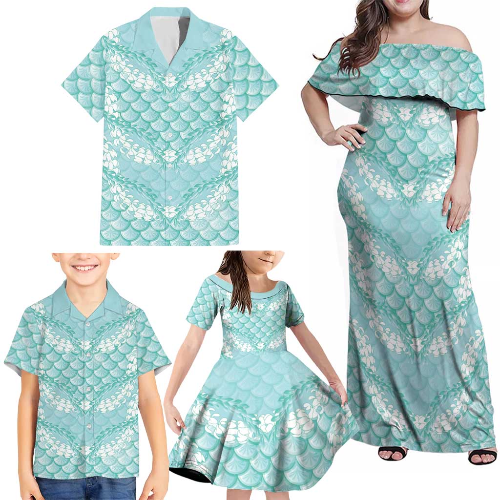 Light Turquoise Mermaid Puakenikeni Maile Lei Family Matching Off Shoulder Maxi Dress and Hawaiian Shirt LT01 - Polynesian Pride