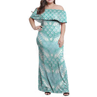 Light Turquoise Mermaid Puakenikeni Maile Lei Family Matching Off Shoulder Maxi Dress and Hawaiian Shirt LT01 Mom's Dress Turquoise - Polynesian Pride
