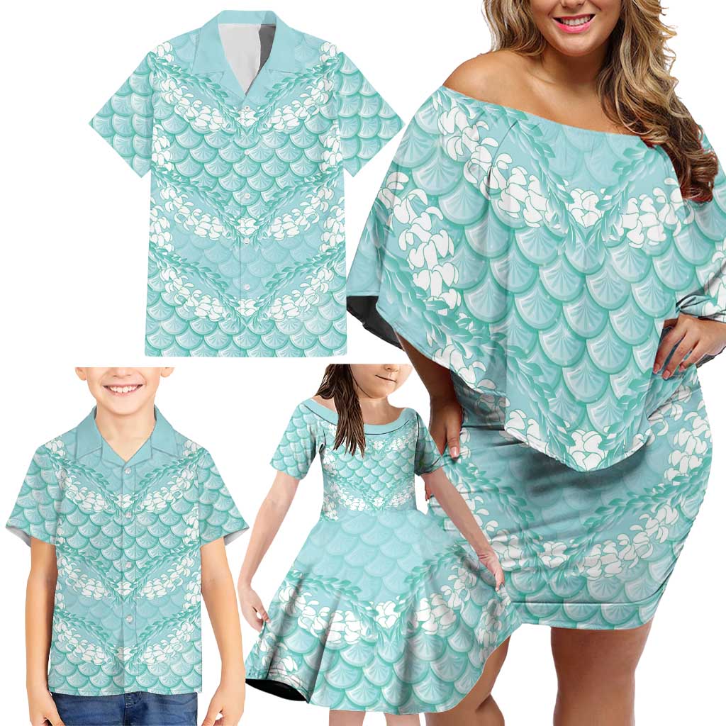 Light Turquoise Mermaid Puakenikeni Maile Lei Family Matching Off Shoulder Short Dress and Hawaiian Shirt