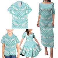 Light Turquoise Mermaid Puakenikeni Maile Lei Family Matching Puletasi and Hawaiian Shirt LT01 - Polynesian Pride