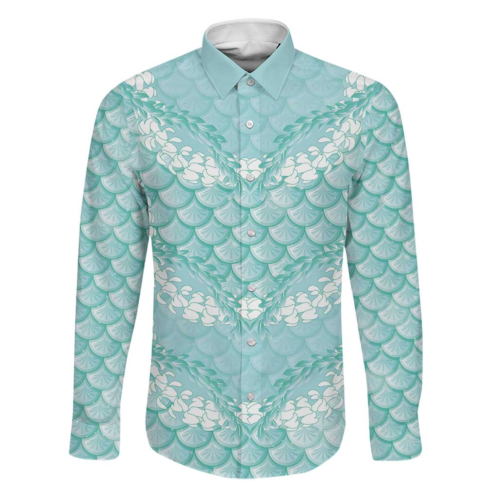 Light Turquoise Mermaid Puakenikeni Maile Lei Family Matching Summer Maxi Dress and Hawaiian Shirt LT01 Dad's Shirt - Long Sleeve Turquoise - Polynesian Pride