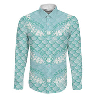 Light Turquoise Mermaid Puakenikeni Maile Lei Family Matching Summer Maxi Dress and Hawaiian Shirt LT01 Dad's Shirt - Long Sleeve Turquoise - Polynesian Pride