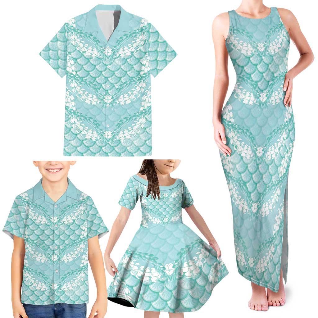 Light Turquoise Mermaid Puakenikeni Maile Lei Family Matching Tank Maxi Dress and Hawaiian Shirt LT01 - Polynesian Pride