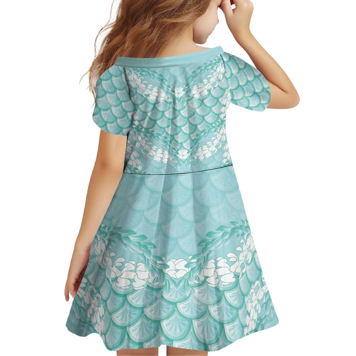 Light Turquoise Mermaid Puakenikeni Maile Lei Kid Short Sleeve Dress