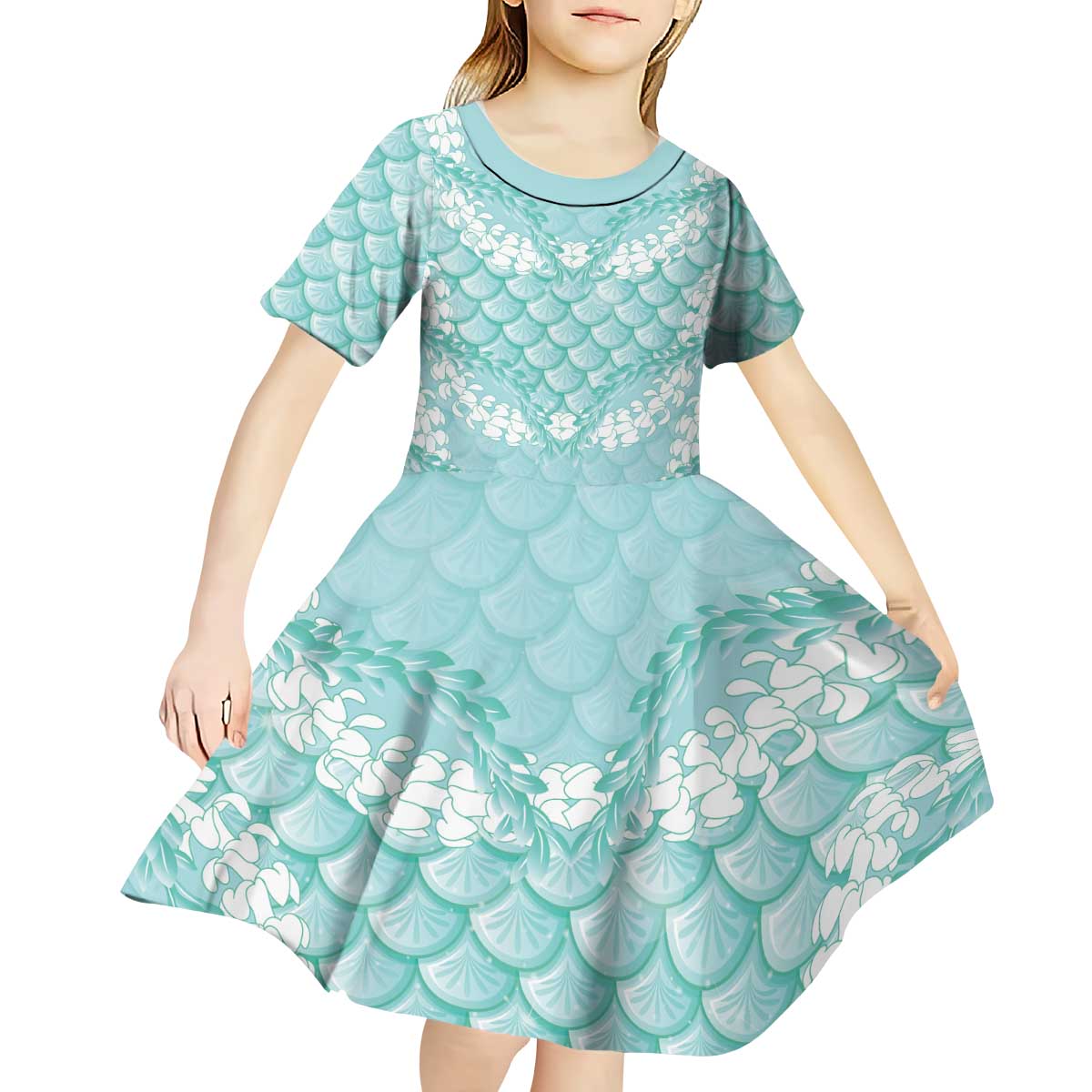 Light Turquoise Mermaid Puakenikeni Maile Lei Kid Short Sleeve Dress