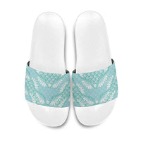 Light Turquoise Mermaid Puakenikeni Maile Lei Slide Sandals