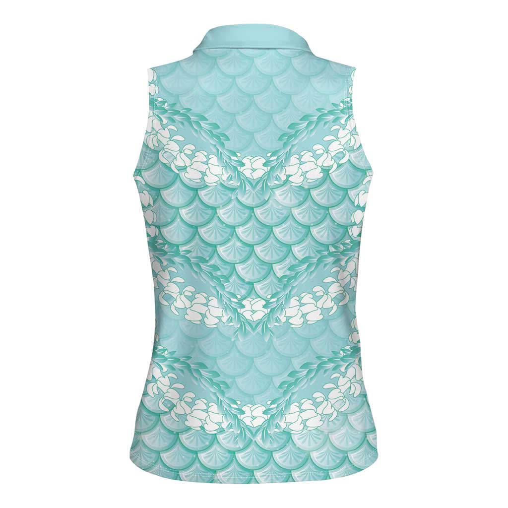 Light Turquoise Mermaid Puakenikeni Maile Lei Women Sleeveless Polo Shirt LT01 - Polynesian Pride