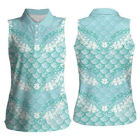 Light Turquoise Mermaid Puakenikeni Maile Lei Women Sleeveless Polo Shirt LT01 - Polynesian Pride