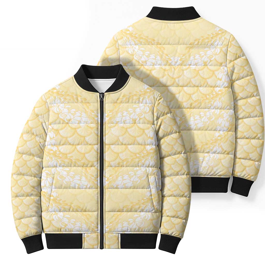 Pastel Yellow Mermaid Puakenikeni Maile Lei Bomber Puffer Jacket