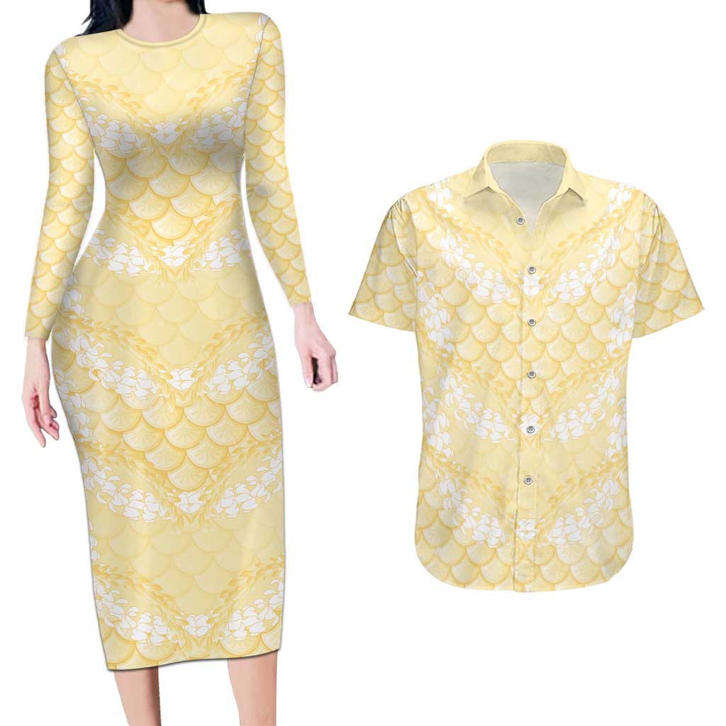 Pastel Yellow Mermaid Puakenikeni Maile Lei Couples Matching Long Sleeve Bodycon Dress and Hawaiian Shirt LT01 Yellow - Polynesian Pride