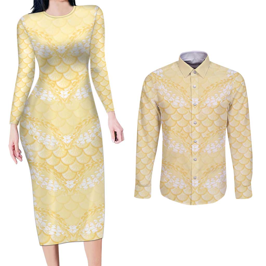 Pastel Yellow Mermaid Puakenikeni Maile Lei Couples Matching Long Sleeve Bodycon Dress and Long Sleeve Button Shirt LT01 Yellow - Polynesian Pride