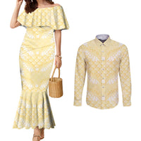 Pastel Yellow Mermaid Puakenikeni Maile Lei Couples Matching Mermaid Dress and Long Sleeve Button Shirt LT01 Yellow - Polynesian Pride