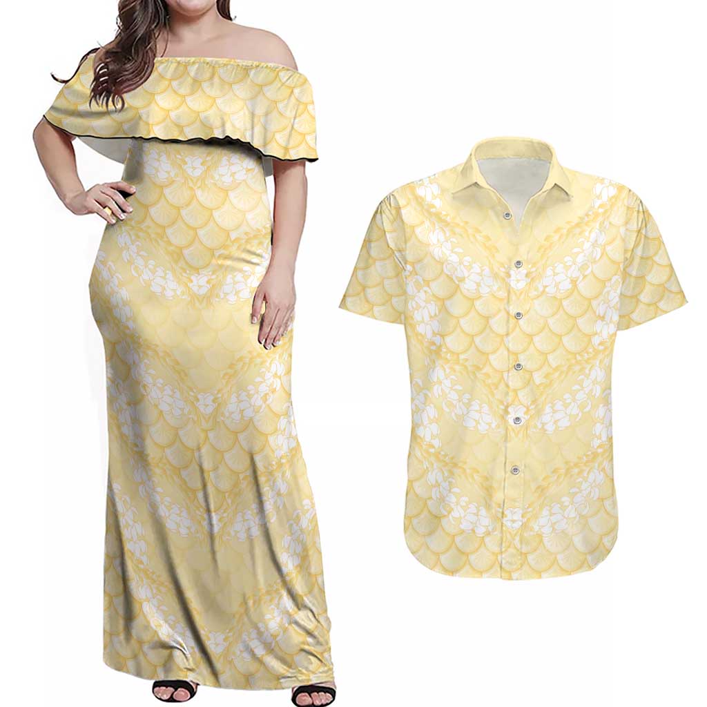 Pastel Yellow Mermaid Puakenikeni Maile Lei Couples Matching Off Shoulder Maxi Dress and Hawaiian Shirt LT01 Yellow - Polynesian Pride